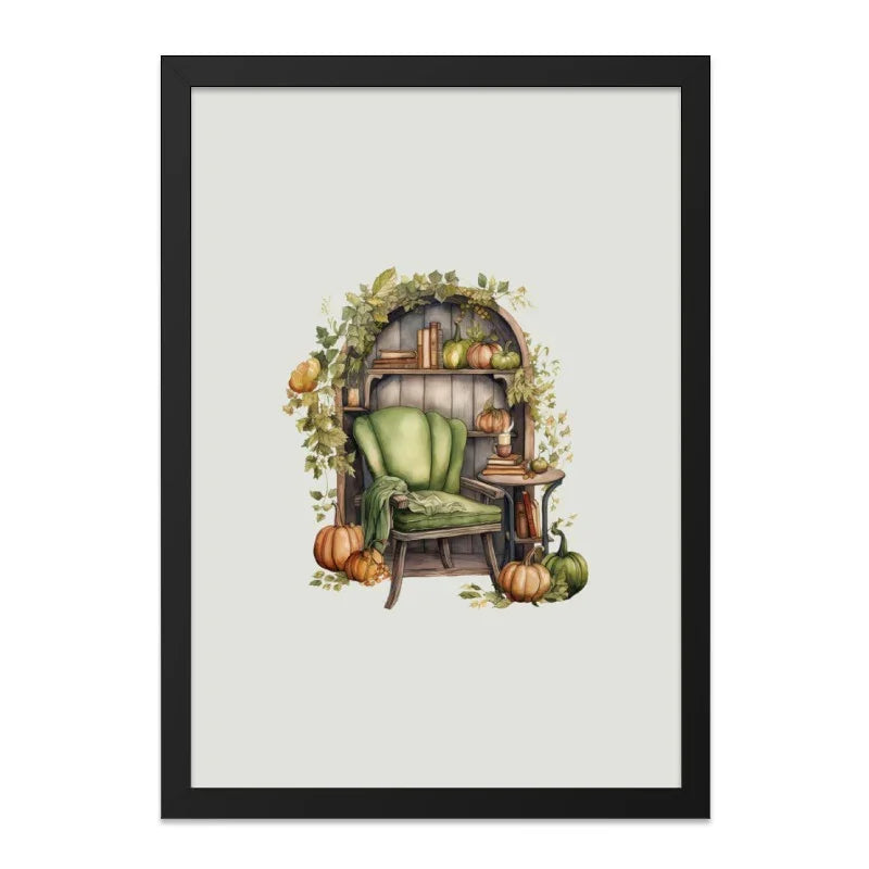 Autumn Reading Nook Wall Art, Cozy Fall Decor, Pumpkin Bookshelf Print, Watercolor Chair Illustration, Seasonal Home Art - Tawshia