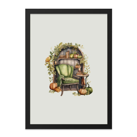 Autumn Reading Nook Wall Art, Cozy Fall Decor, Pumpkin Bookshelf Print, Watercolor Chair Illustration, Seasonal Home Art - Tawshia