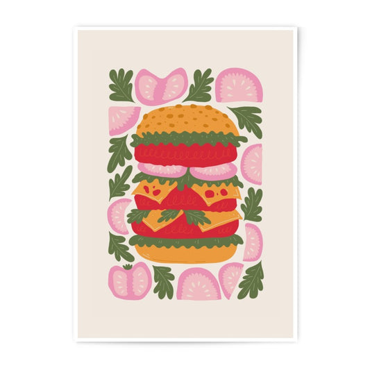 Burger Photographic Print, Food Art Print, Kitchen Wall Decor, Quirky Foodie Gift, Restaurant Decor, Colorful Illustration - Tawshia