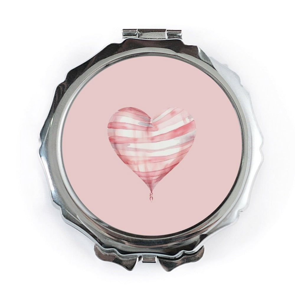 Heart Balloon Pocket Mirror, Cute Pink Valentine Mirror, Striped Heart, Kawaii Gift for Her, Travel Mirror, Makeup Mirror, Compact Mirror - Tawshia