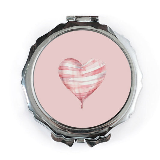 Heart Balloon Pocket Mirror, Cute Pink Valentine Mirror, Striped Heart, Kawaii Gift for Her, Travel Mirror, Makeup Mirror, Compact Mirror - Tawshia