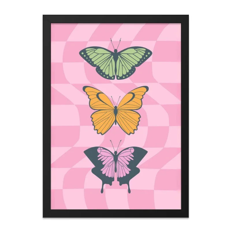 Butterfly Wall Art Print, Pink Checkered Background, Colorful Butterflies, Trendy Wall Decor, Butterfly Illustration - Tawshia