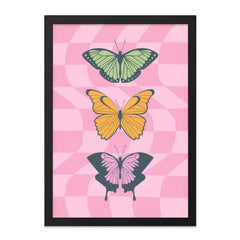 Butterfly Wall Art Print, Pink Checkered Background, Colorful Butterflies, Trendy Wall Decor, Butterfly Illustration - Tawshia