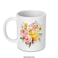 Floral Mug, Watercolor Roses, Flower Mug, Gift for Her, Cute Coffee Mug, Tea Mug, Aesthetic Mug, Floral Lover Gift, Pink Yellow Rose Mug - Tawshia