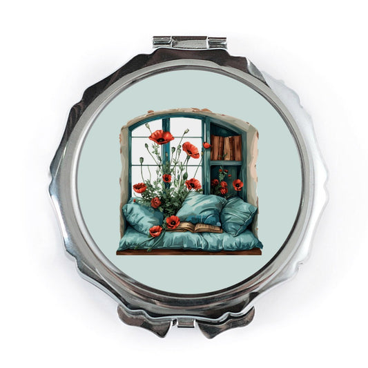 Cozy Window Seat Pocket Mirror, Cottagecore Decor, Floral Mirror, Red Poppies Book Compact Mirror, Aesthetic Gift for Book Lover - Tawshia