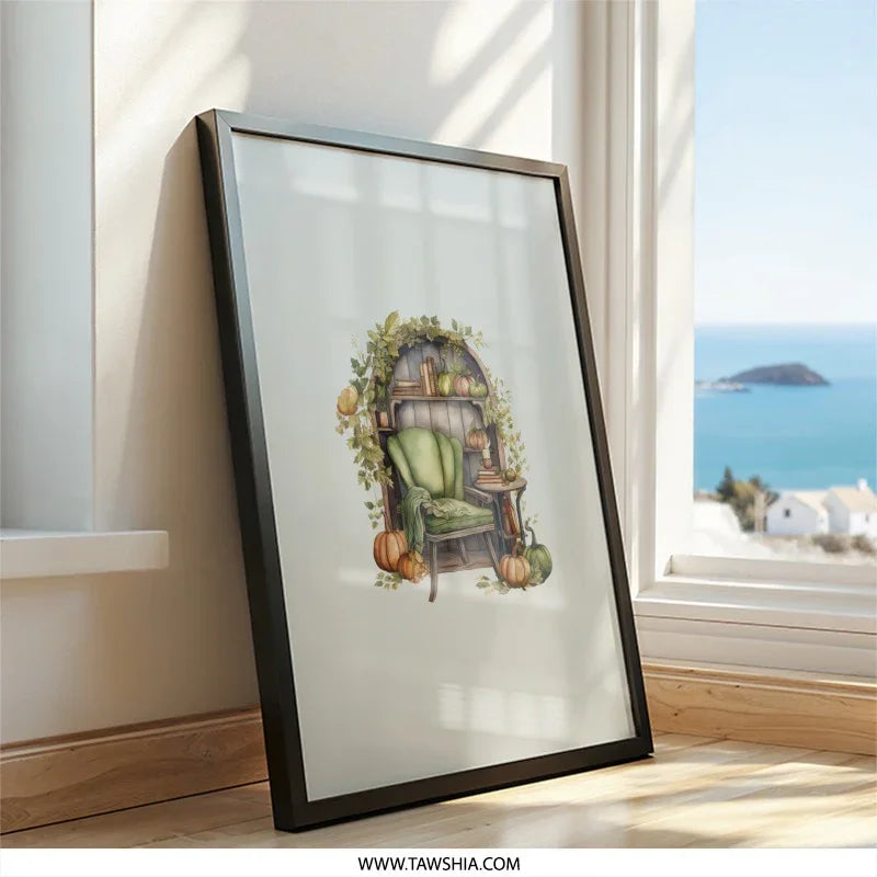 Autumn Reading Nook Wall Art, Cozy Fall Decor, Pumpkin Bookshelf Print, Watercolor Chair Illustration, Seasonal Home Art - Tawshia