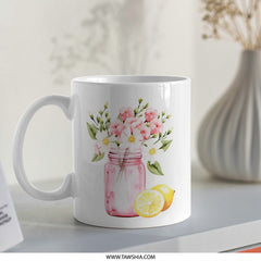 Lemon Flower Mug, Watercolor Floral, Summer Mug, Pink Mason Jar, Drinkware Mug, Cute Mug, Gift Mug - Tawshia