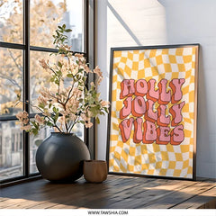 Holly Jolly Vibes Wall Art, Retro Art Print, Checkerboard Print, 70s Aesthetic Decor, Festive Wall Hanging, Holiday Wall Decor - Tawshia