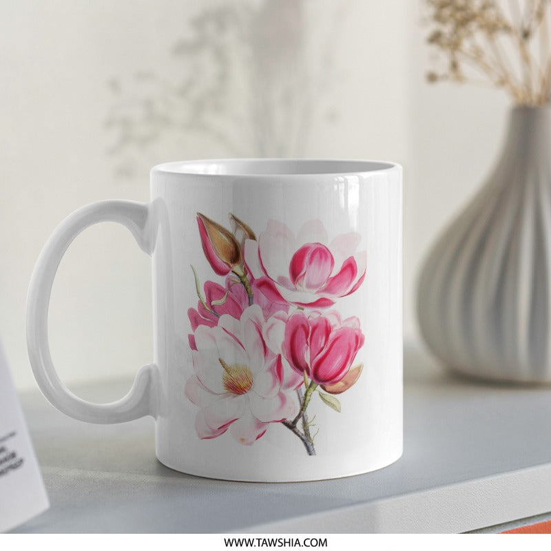 Floral Mug, Magnolia Mug, Flower Coffee Cup, Botanical Mug, Unique Mug, Gift Idea, Decorative Mug, Tea Mug, Stylish Mug, Trending Mug - Tawshia