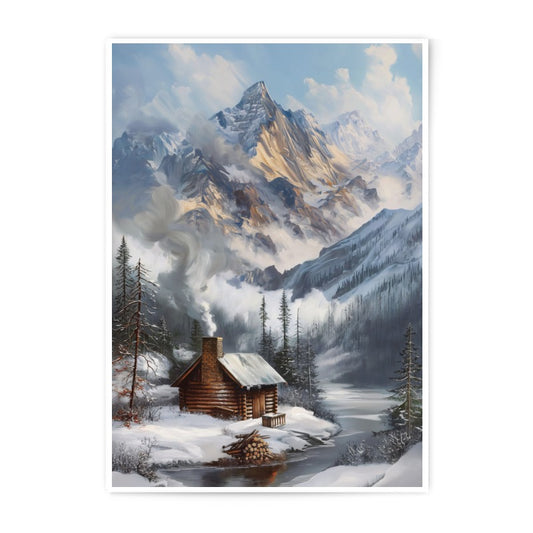 Winter Cabin Photographic Print, Snowy Mountain Landscape, Cozy Cabin Art, Rustic Home Decor, Mountain Photography, Nature Wall Art - Tawshia