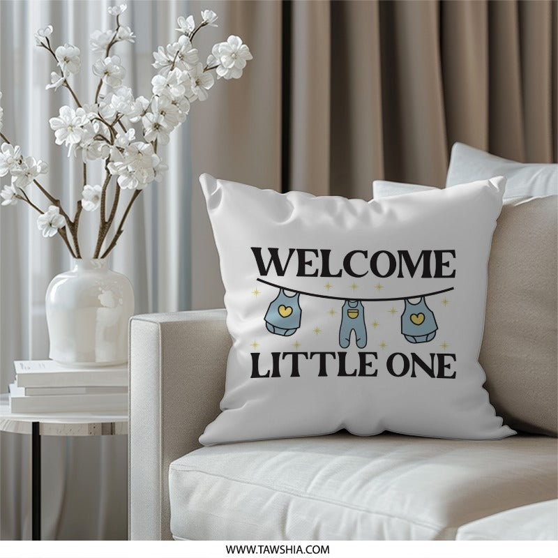 Welcome Little One Pillow, Baby Shower Gift, Nursery Decor, Cute Baby Clothesline Pillow, New Baby Gift, Newborn Pillow - Tawshia
