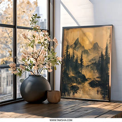 Mountain Moon Wall Art, Forest Landscape Print, Nature Artwork, Atmospheric Decor, Golden Moon Art Print, Wilderness Wall Decor - Tawshia