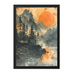Japanese Landscape Wall Art, Sunset Mountain Print, Asian Inspired Home Decor, Peaceful Scenery Painting, Minimalist Art, Nature Poster - Tawshia