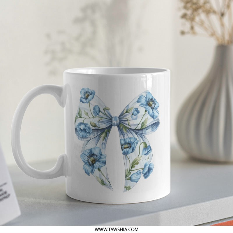 Floral Bow Mug, Blue Poppy Flower Mug, Watercolor Bow Coffee Cup, Elegant Flower Design Mug, Unique Gift Idea Mug, Aesthetic Floral Mug - Tawshia