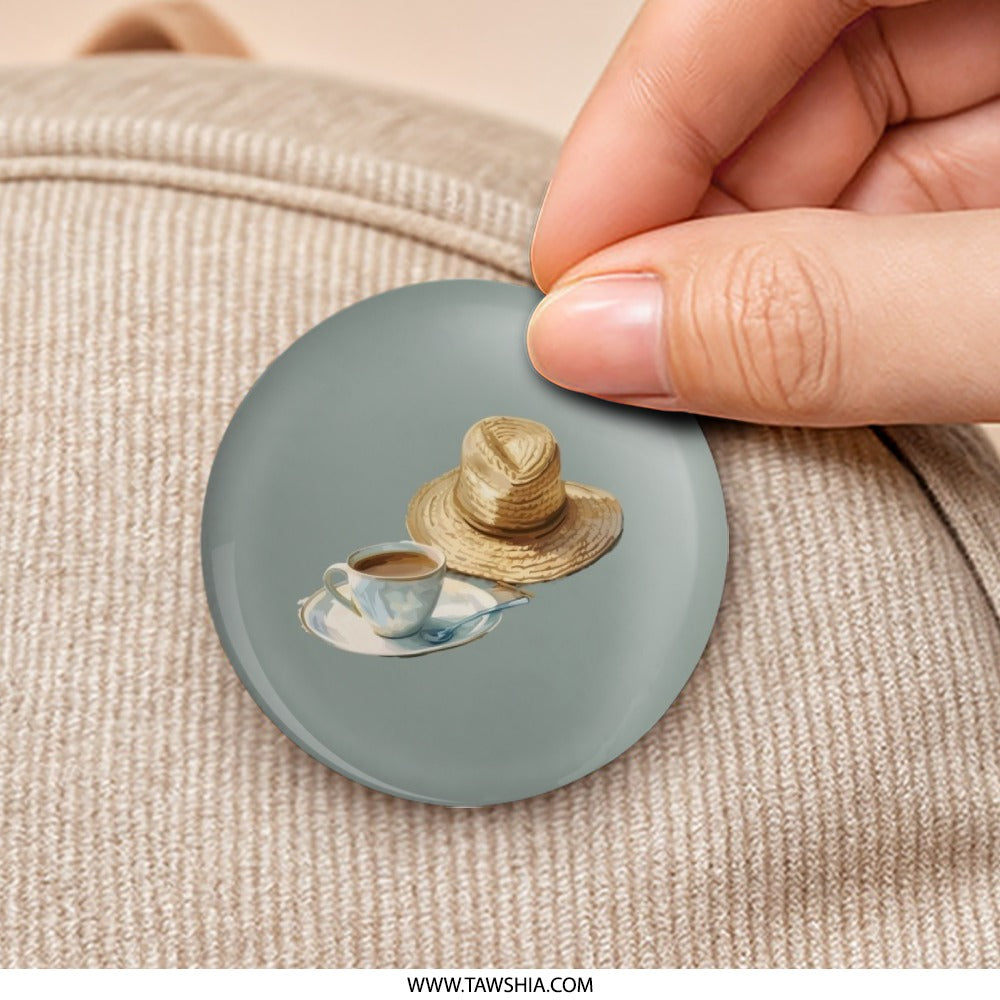 Coffee Cup Pinback Button, Straw Hat Art Button, Cafe Aesthetic Pin, Artistic Badge, Beverage Drink Pin, Hat Lover Gift, Unique Accessory - Tawshia