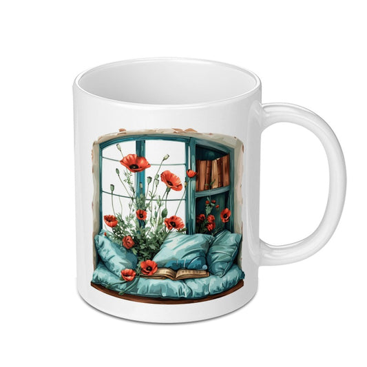 Window Seat Mug, Poppies and Books, Cozy Reading Nook Gift, Book Lover Present, Floral Mug, Literary Mug, Readers Gift, Home Decor - Tawshia
