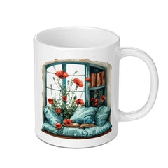 Window Seat Mug, Poppies and Books, Cozy Reading Nook Gift, Book Lover Present, Floral Mug, Literary Mug, Readers Gift, Home Decor - Tawshia