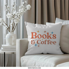 Books and Coffee Pillow, Reading Lover Gift, Bookish Decor, Cozy Home Pillow, Coffee Addict Pillow, Gift For Readers, Home Decor Pillow - Tawshia
