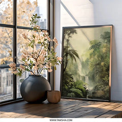 Tropical Waterfall Wall Art, Jungle Landscape Print, Lush Greenery Decor, Nature Inspired Artwork, Calming Oasis Painting - Tawshia