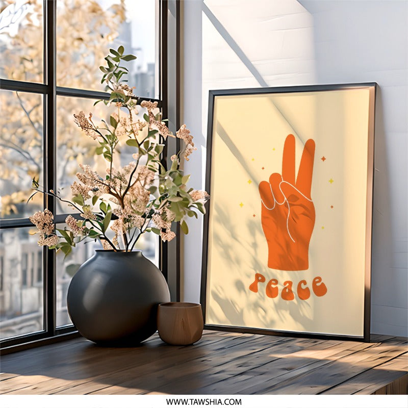 Peace Sign Wall Art, Retro Peace Hand, 70s Decor, Peace Poster, Trendy Wall Decor, Orange Hand Sign, Room Decor, Minimalist Art - Tawshia