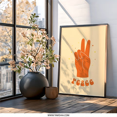 Peace Sign Wall Art, Retro Peace Hand, 70s Decor, Peace Poster, Trendy Wall Decor, Orange Hand Sign, Room Decor, Minimalist Art - Tawshia