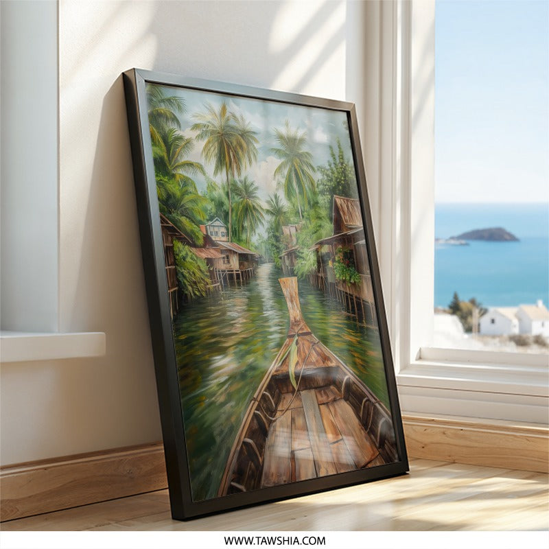Thai River Wall Art, Longtail Boat Print, Thailand Art, Tropical Landscape, Exotic Travel Decor, Southeast Asia Wall Decor, River Life - Tawshia