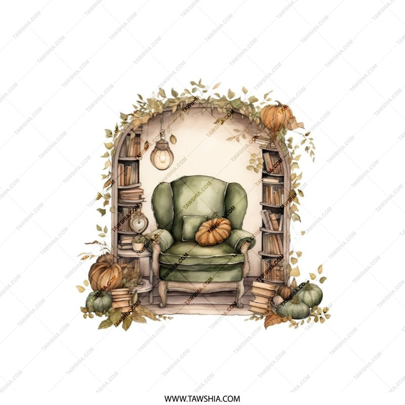 Cozy Autumn Nook Pillow, Fall Pumpkin Reading Chair Decor, Bookshelf Pillow, Autumn Home Decor, Literary Gift Pillow - Tawshia
