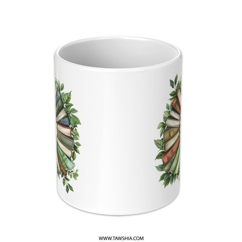 Book Lover Gift Mug, Literary Wreath Mug, Reader Gift, Books and Greenery Mug, Librarian Mug, Bookish Mug, Cozy Reading Gift, Novel Mug - Tawshia