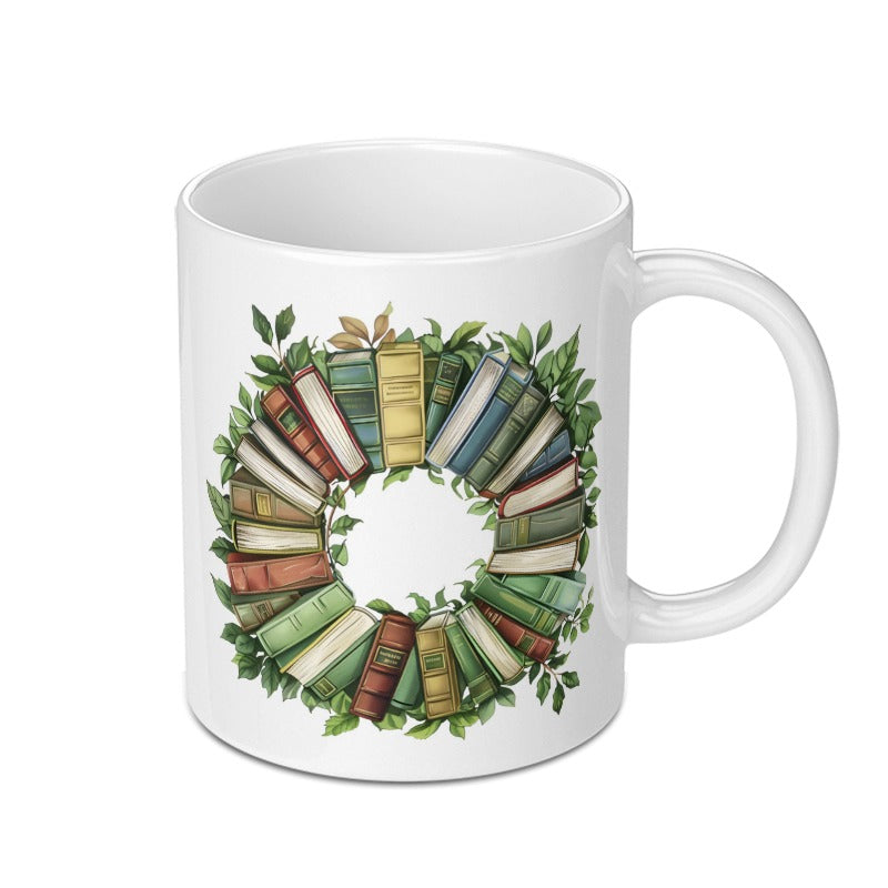 Book Lover Gift Mug, Literary Wreath Mug, Reader Gift, Books and Greenery Mug, Librarian Mug, Bookish Mug, Cozy Reading Gift, Novel Mug - Tawshia