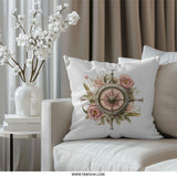 Nautical Compass Pillow, Floral Decor Pillow, Beach House Pillows, Decorative Throw Pillow, Coastal Home Decor Pillow - Tawshia
