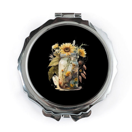 Sunflower Jar Pocket Mirror, Floral Art Compact Mirror, Unique Gift for Her, Cute Makeup Mirror, Pretty Travel Mirror, Handbag Mirror - Tawshia