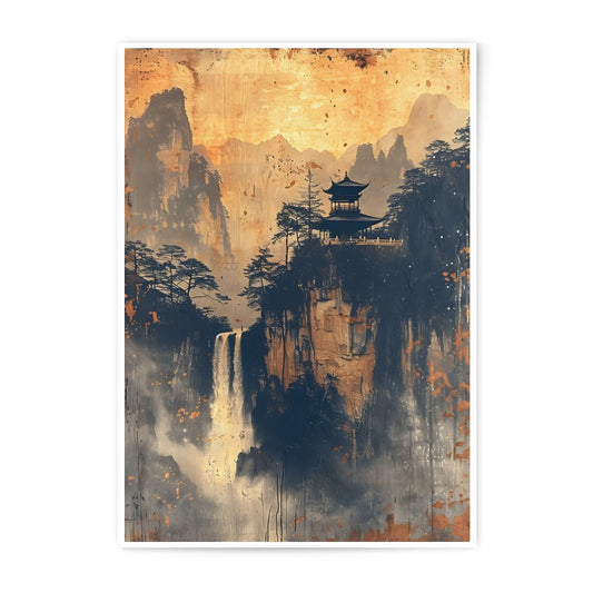 Asian Pagoda Photographic Print, Waterfall Wall Art, Oriental Decor, Serene Landscape Photo, Temple Art Print, Asian Artwork (138) - Tawshia