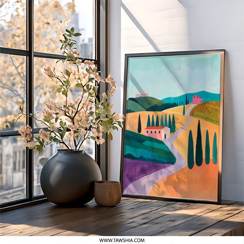 Tuscany Landscape Wall Art, Italian Countryside Print, Colorful Farmhouse Scenery, Modern Abstract Art, Home Decor Painting - Tawshia