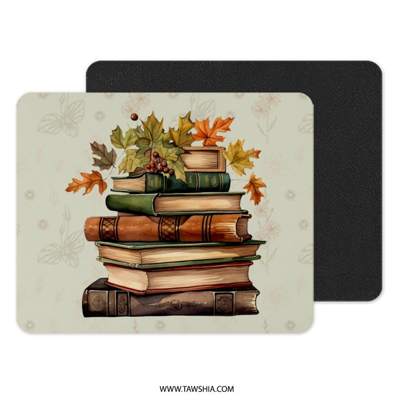 Stacked Books MousePad, Autumn Leaves Design Mouse Pad, Fall Season Mousepad, Cozy Study Desk Decor, Book Lover Gift, Teacher Appreciation - Tawshia