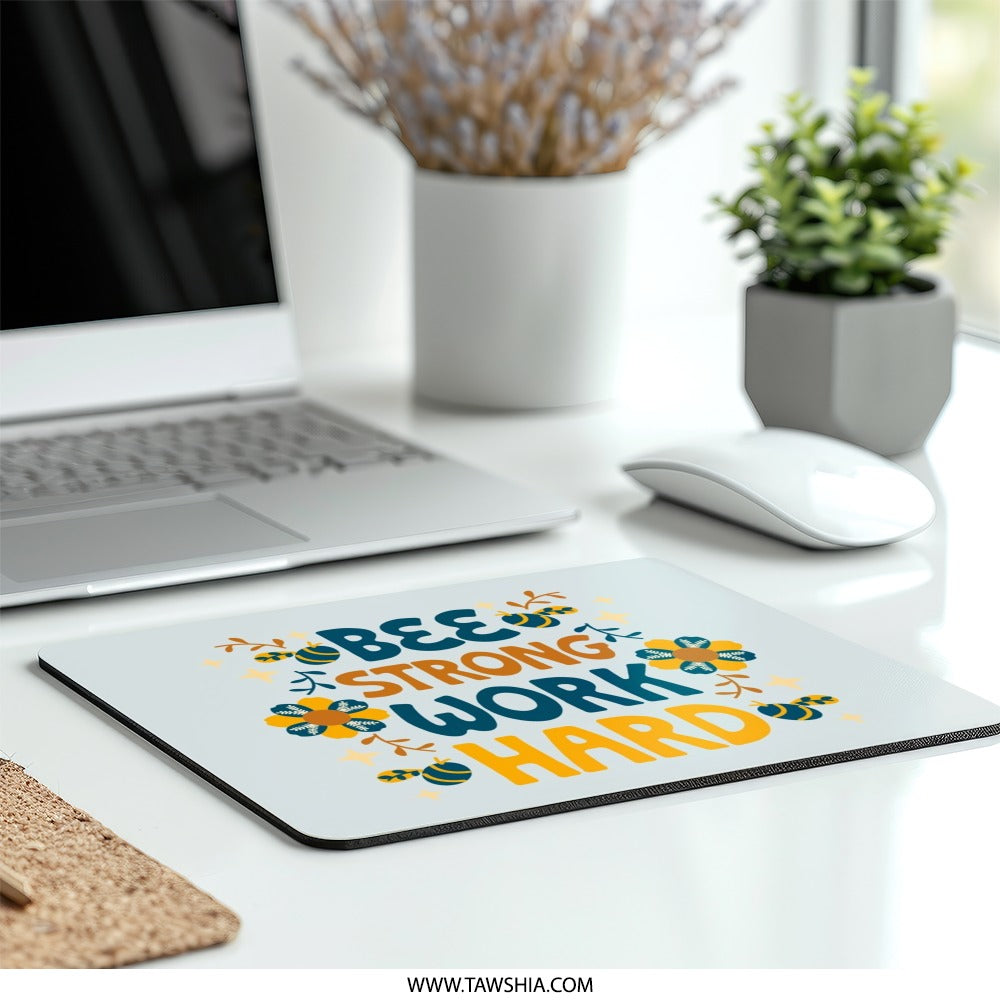 Bee Strong Mouse Pad, Work Hard Design, Motivational Office Decor, Floral Mousepad, Cute Desk Accessory, Gift For Her, Inspirational Quote - Tawshia