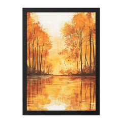 Autumn Lake Wall Art, Watercolor Trees Reflection, Fall Season Print, Birds in Flight, Nature Scenery Painting, Warm Tones Landscape - Tawshia