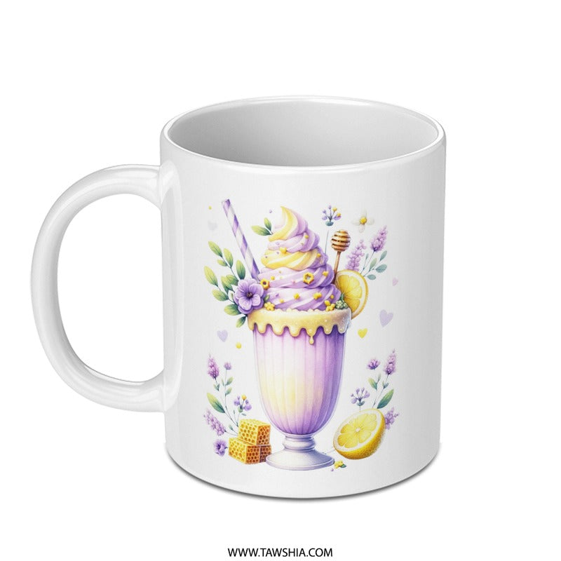 Lemon Lavender Latte Mug, Floral Coffee Cup, Unique Tea Mug, Cute Drinkware, Aesthetic Mug, Gift for Her, Whimsical Watercolor Mug - Tawshia