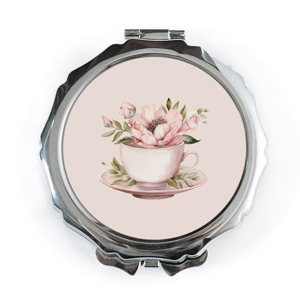 Tea Cup Floral Pocket Mirror, Cute Pocket Mirror, Pink Flower Art Mirror, Makeup Mirror, Travel Mirror, Bridesmaid Gift Idea - Tawshia