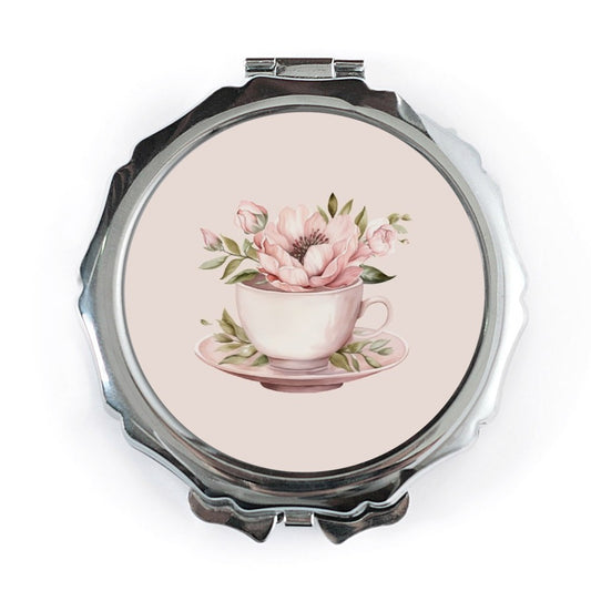Tea Cup Floral Pocket Mirror, Cute Pocket Mirror, Pink Flower Art Mirror, Makeup Mirror, Travel Mirror, Bridesmaid Gift Idea - Tawshia