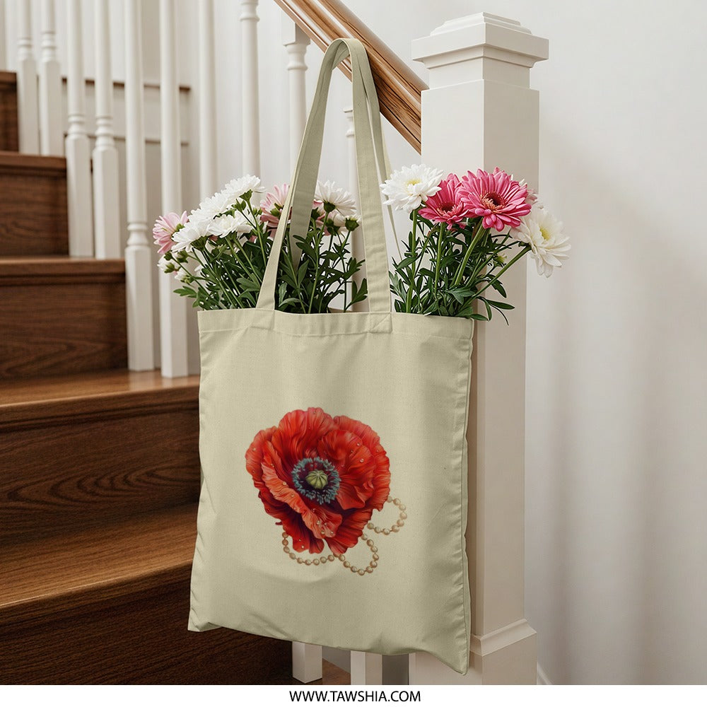 Poppy Flower Tote Bag, Red Floral Design, Pearl Accent, Stylish Tote Bag, Everyday Bag, Gift Idea, Fashion Tote - Tawshia