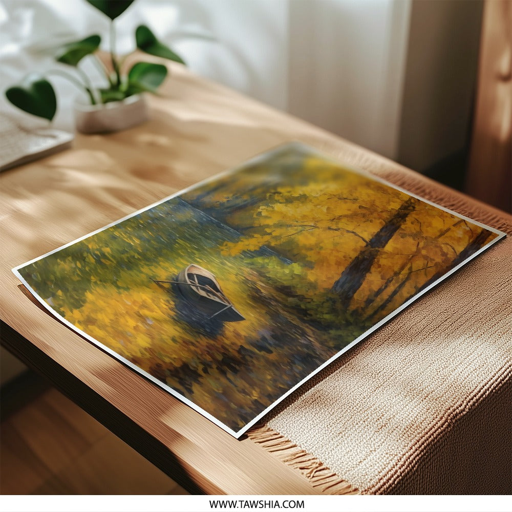 Autumn Lake Photographic Print, Forest Landscape Art, Boat on Water, Nature Wall Decor, Fall Season Scenery, Serene Artwork, Home Decor - Tawshia