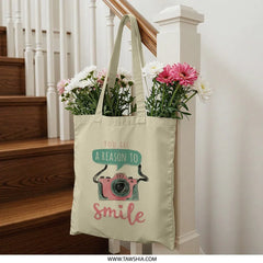 Reason to Smile Tote Bag, Cute Camera Design, Inspirational Quote, Everyday Carry Bag, Photographer Gift, Trendy Tote - Tawshia
