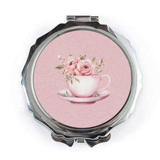 Floral Tea Cup Pocket Mirror, Cute Purse Mirror, Pink Flower Mirror, Travel Mirror, Cosmetic Mirror, Gifts for Her, Bridesmaid Gifts - Tawshia