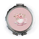 Floral Tea Cup Pocket Mirror, Cute Purse Mirror, Pink Flower Mirror, Travel Mirror, Cosmetic Mirror, Gifts for Her, Bridesmaid Gifts - Tawshia