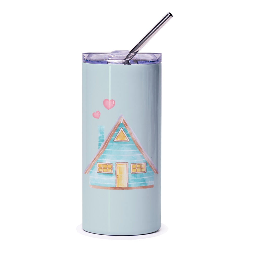 Cozy Cottage Tumbler, Blue A Frame House with Hearts, Cute Home Design Gift, Travel Tumbler, Drinkware, Personalized Gift Idea - Tawshia