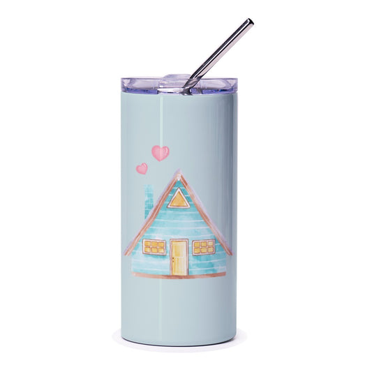 Cozy Cottage Tumbler, Blue A Frame House with Hearts, Cute Home Design Gift, Travel Tumbler, Drinkware, Personalized Gift Idea - Tawshia