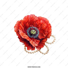 Red Poppy Pillow, Floral Throw Pillow, Elegant Home Decor, Botanical Accent Pillow, Flower Decorative Pillow, Pearl Embellished Pillow - Tawshia