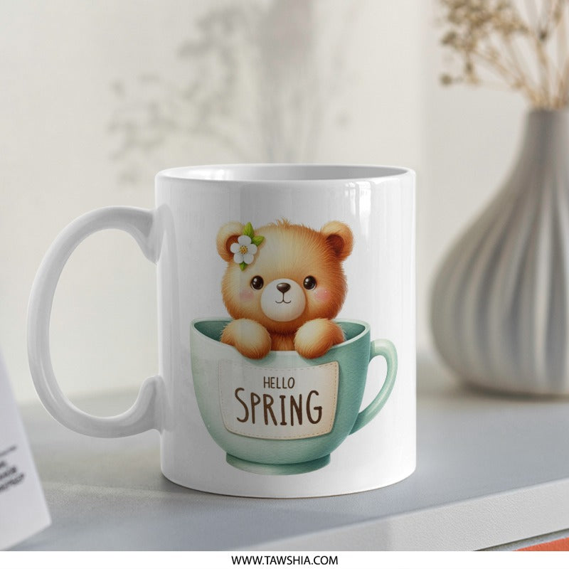 Hello Spring Bear Mug, Cute Bear Mug, Floral Bear Mug, Spring Mug, Tea Cup Bear, Animal Mug, Gift Mug, Coffee Mug, Kawaii Mug - Tawshia