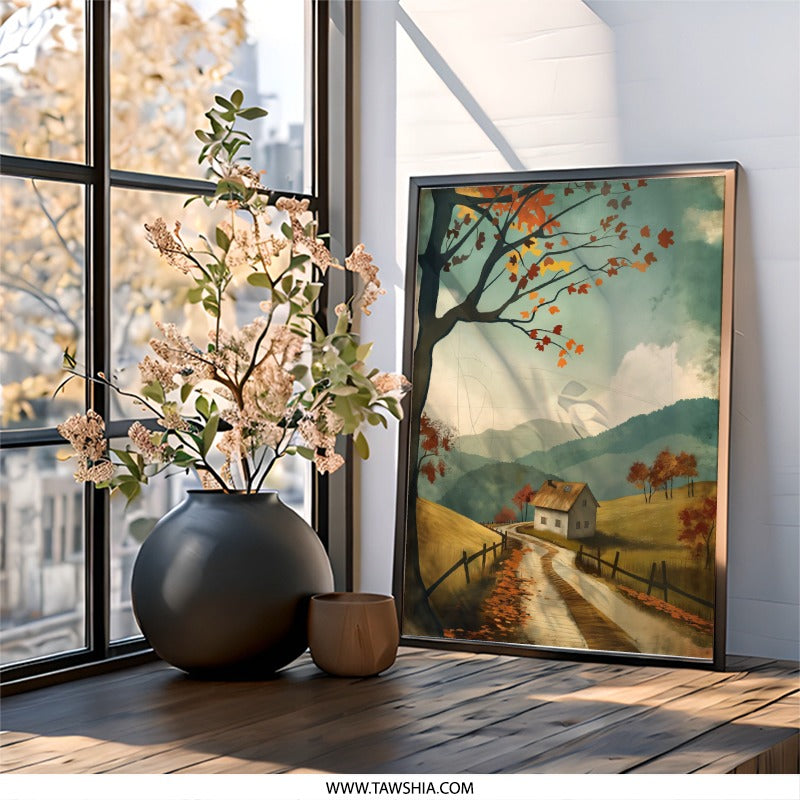 Autumn Cabin Wall Art, Landscape Painting Print, Fall Foliage Decor, Country Home Art, Rustic Wall Decor, Nature Scene Art - Tawshia