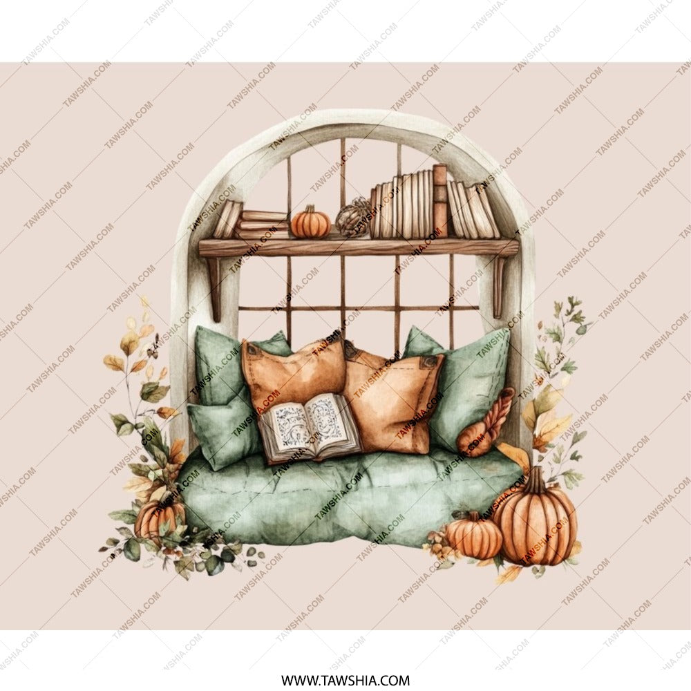 Cozy Reading Nook Mouse Pad, Pumpkin Fall Autumn Season Mousepad, Book Lover Gift, Watercolor Window Seat Desk Accessories - Tawshia